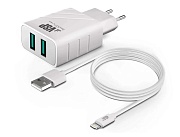 Сетевое зарядное устройство Borasco, (2*USB/2,4A + кабель Lightning, 1м), Белое