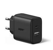 Сетевое зарядное устройство Ugreen X227, (USB/Type-C/3A/20W/PD/QC), Черное (45302)