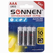 Батарейки BL4 SONNEN Alkaline AAA (LR03, 24А), алкалиновые, мизинчиковые, блистер, 451088 BL4 (цена за 4 шт.)