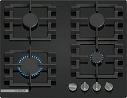 Поверхность газовая Bosch PNN6B6K40 (Serie4 / Чёрное стекло / чугун. решетки / 4 конфорки (1,75/1,0/1,75/3,0кВт) / электроподжиг/ газконтр.)