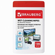 Салфетки BRAUBERG для электронных устройств универсальные, компактная туба 100 шт., влажные, 512810