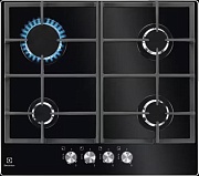 Поверхность газовая Electrolux KGG6426K (Serie600 / Чёрное стекло / чугун. решетки / 4 конфорки (2,0/2,0/1,0/3,0 кВт) / газконтроль / электроподжиг)