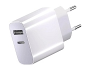 Сетевое зарядное устройство Borasco, (USB/Type-C/20W/3А/QC/PD), Белое